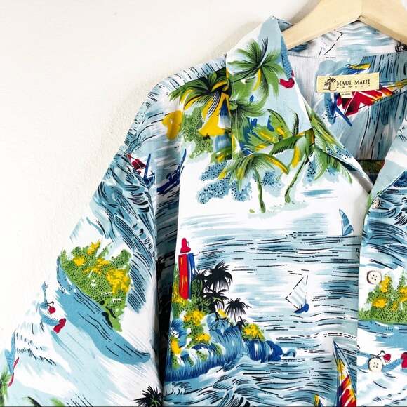Maui Hawaii Aloha Button Down Palm Blue - Picture 3 of 5